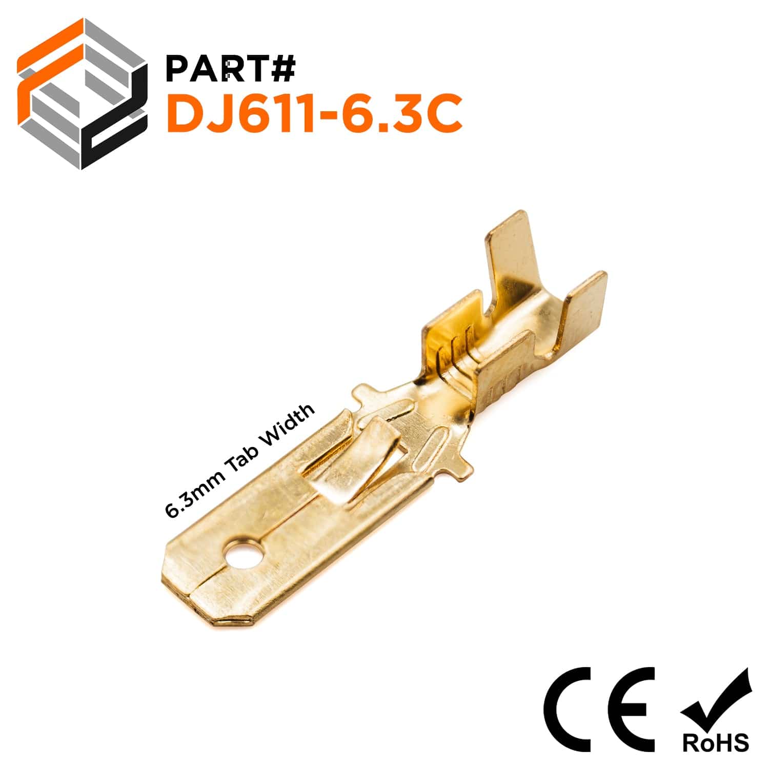 DJ611-6.3C - 16 to 14 AWG Quick Disconnects, Male, Lock Tab, NEMA Tab: 6.3, Brass, Open Barrel, 100 Pieces