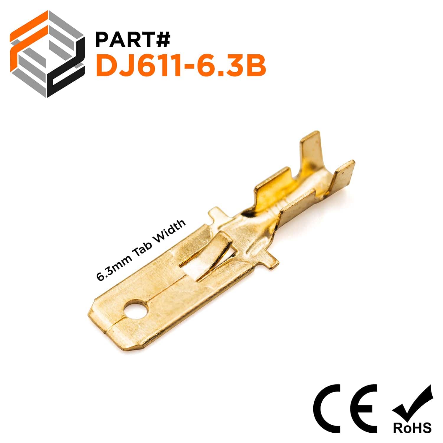 DJ611-6.3B - 18 to 16 AWG Quick Disconnects, Male, Lock Tab, NEMA Tab: 6.3, Brass, Open Barrel, 100 Pieces