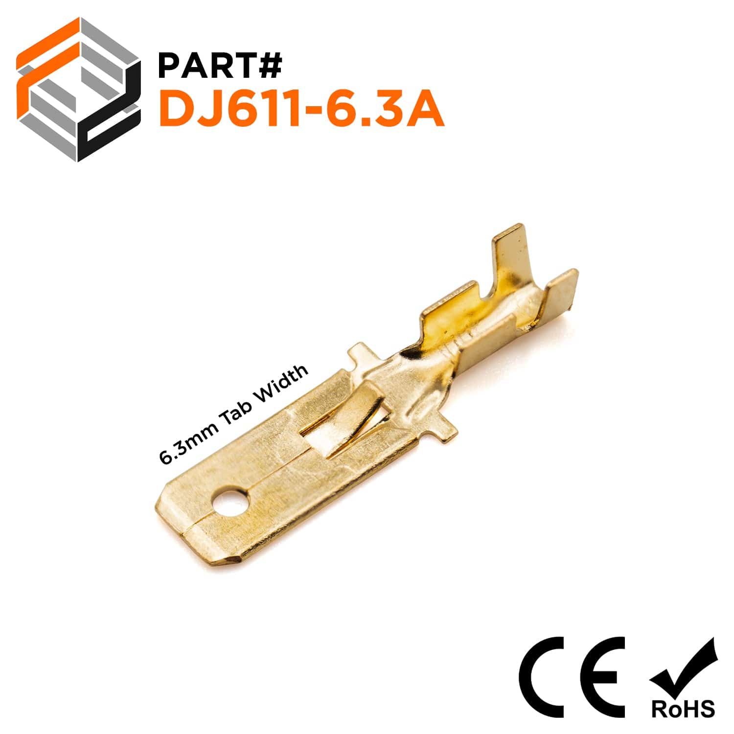 DJ611-6.3A - 22 to 18 AWG Quick Disconnects, Male, Lock Tab, NEMA Tab: 6.3, Brass, Open Barrel, 100 Pieces