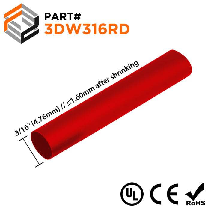 3DW316RD - Double Wall Heat Shrink Tubing - 3/16" - 3:1 Shrink Ratio - 4 Foot Strip / Red