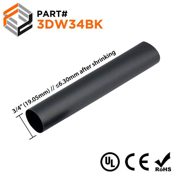 3DW34BK - Double Wall Heat Shrink Tubing - 3/4" - 3:1 Shrink Ratio - 4 Foot Strip / Black