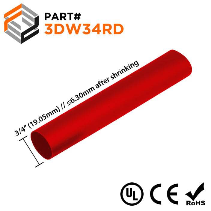 3DW34RD - Double Wall Heat Shrink Tubing - 3/4" - 3:1 Shrink Ratio - 4 Foot Strip / Red