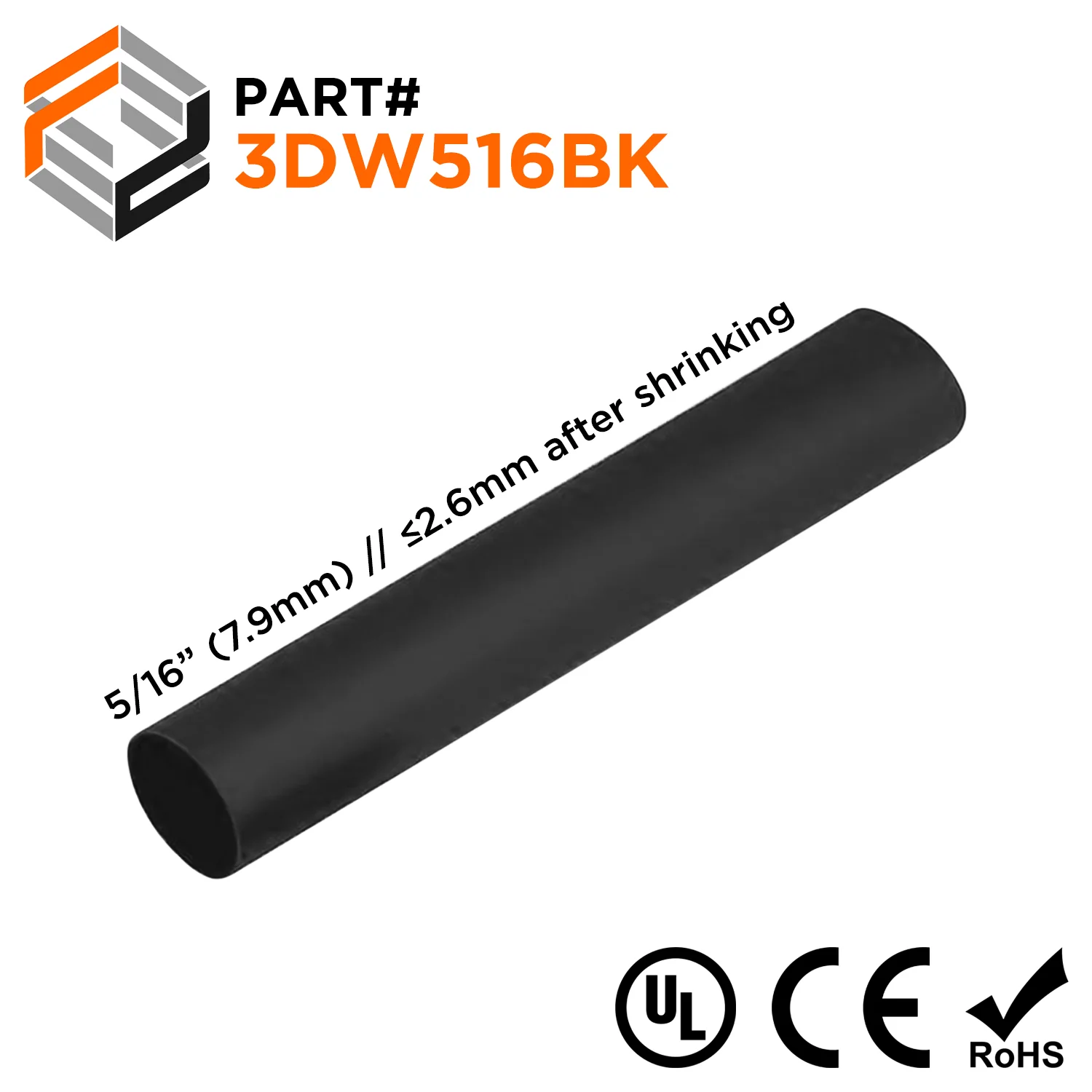 3DW516BK - 5/16" Double Wall Heat Shrink Tubing, 3:1 Shrink Ratio, Black, 4 Foot Strip