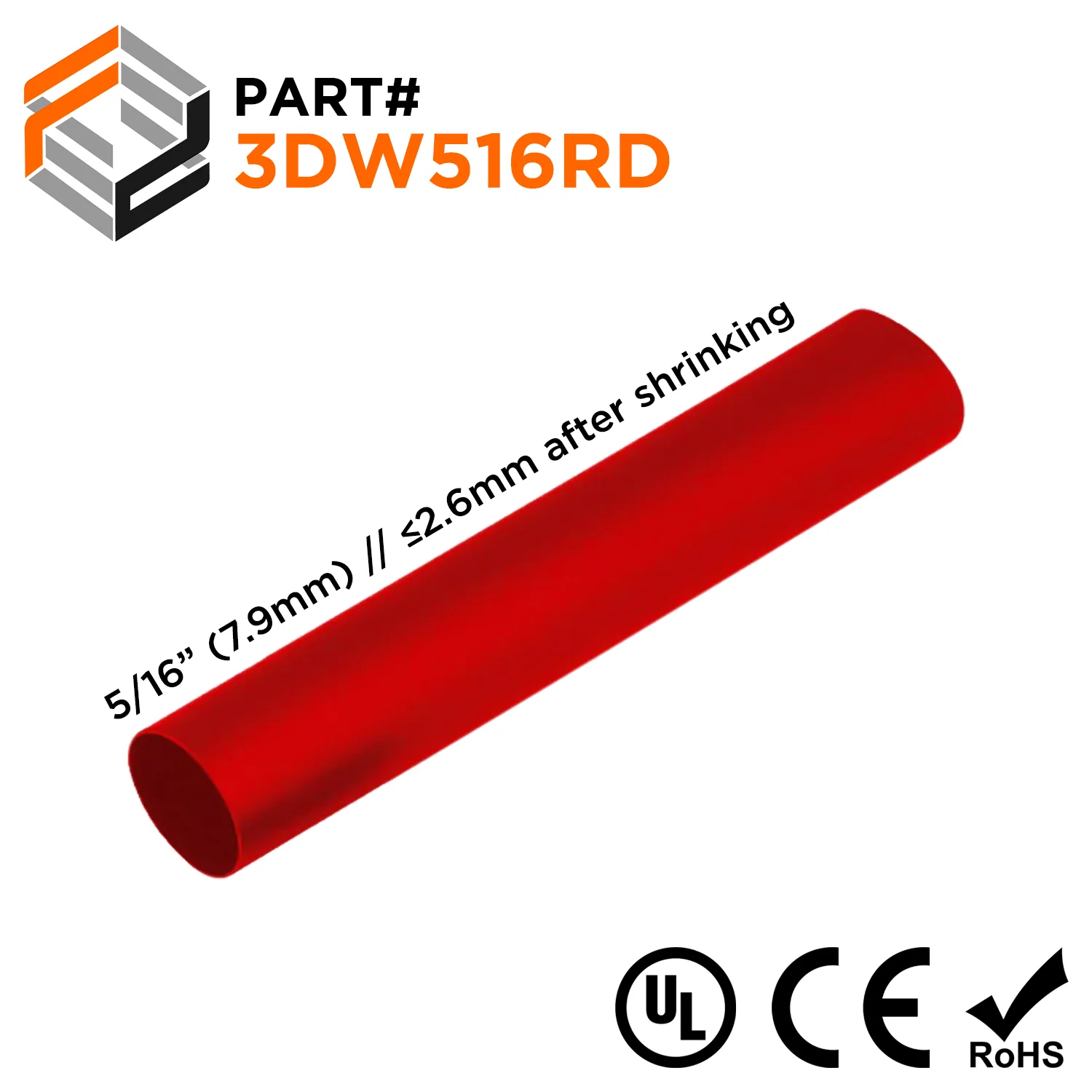 3DW516RD - 5/16" Double Wall Heat Shrink Tubing, 3:1 Shrink Ratio, Red, 4 Foot Strip