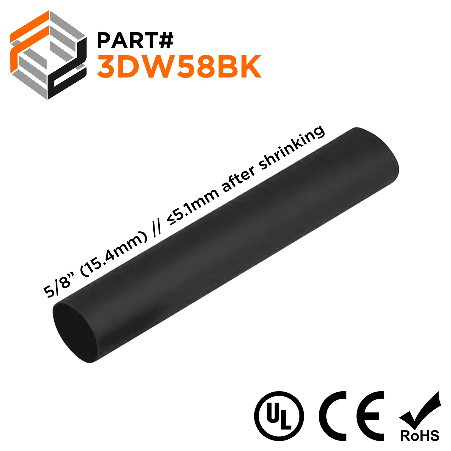 3DW58BK - 5/8" Double Wall Heat Shrink Tubing, 3:1 Shrink Ratio, Black, 4 Foot Strip