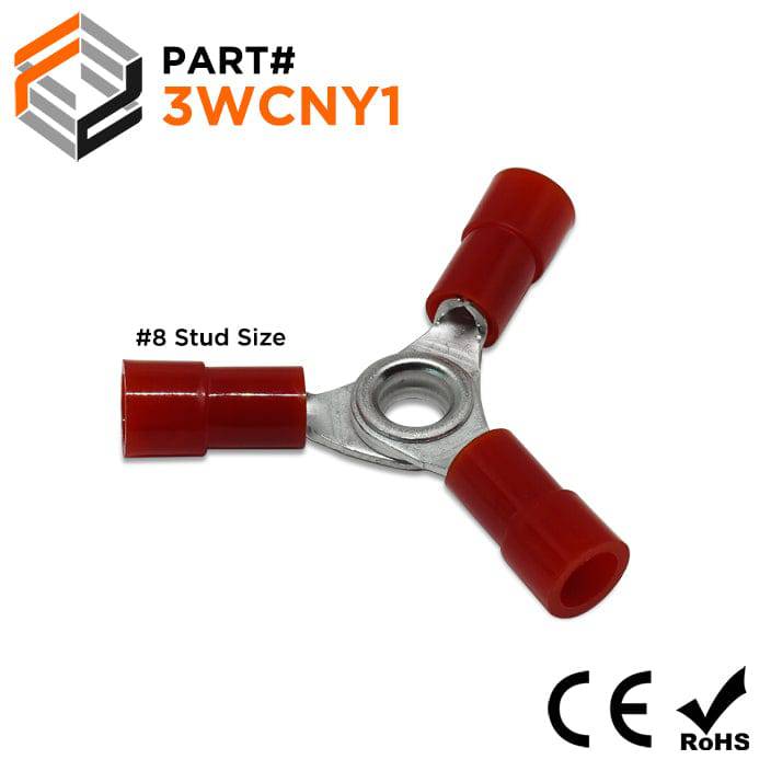 3WCNY1 - 22 to 16 AWG 3-Way Nylon Ring Terminals, #8 Stud, 10 Pieces