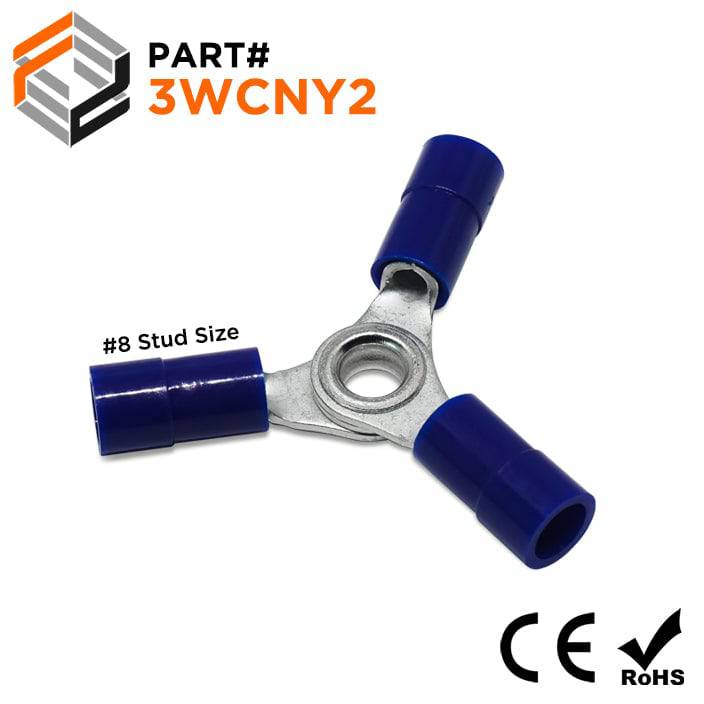 3WCNY2 - 16 to 14 AWG 3-Way Nylon Ring Terminals, #8 Stud, 10 Pieces