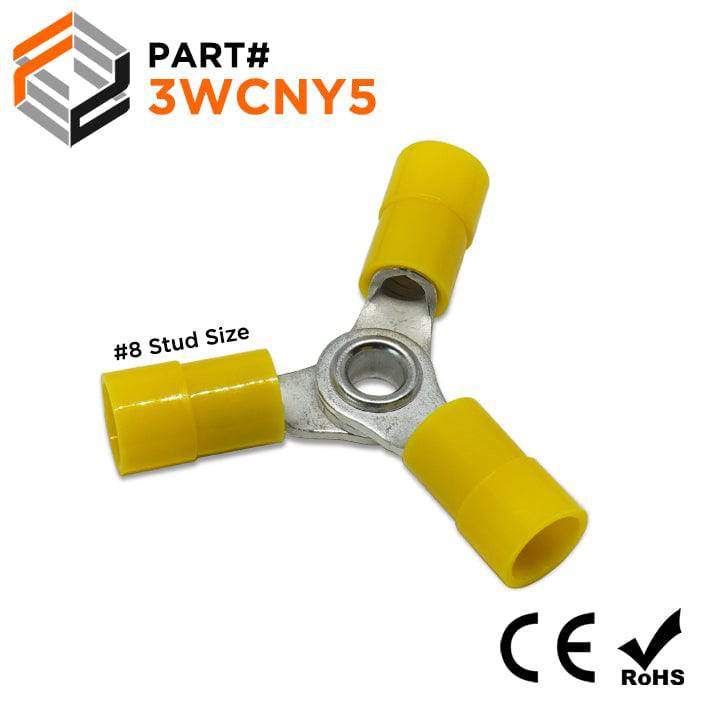3WCNY5 - 12 to 10 AWG 3-Way Nylon Ring Terminals, #8 Stud, 10 Pieces