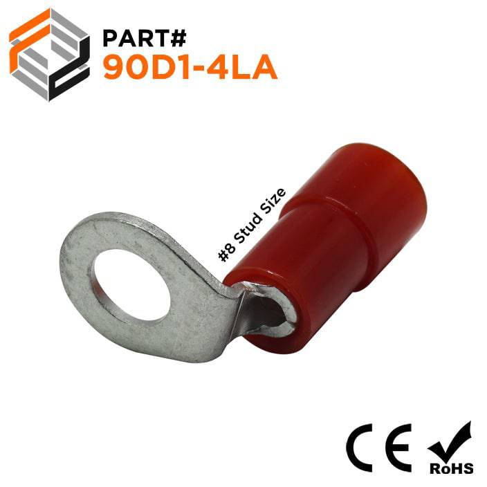 90D1-4LA - 22 to 16 AWG Right Angle Nylon Insulated Ring Terminals, #8 Stud, 100 Pieces