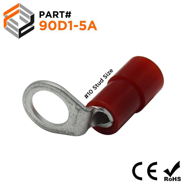 90D1-5A - 22 to 16 AWG Right Angle Nylon Insulated Ring Terminals, #10 Stud, 100 Pieces
