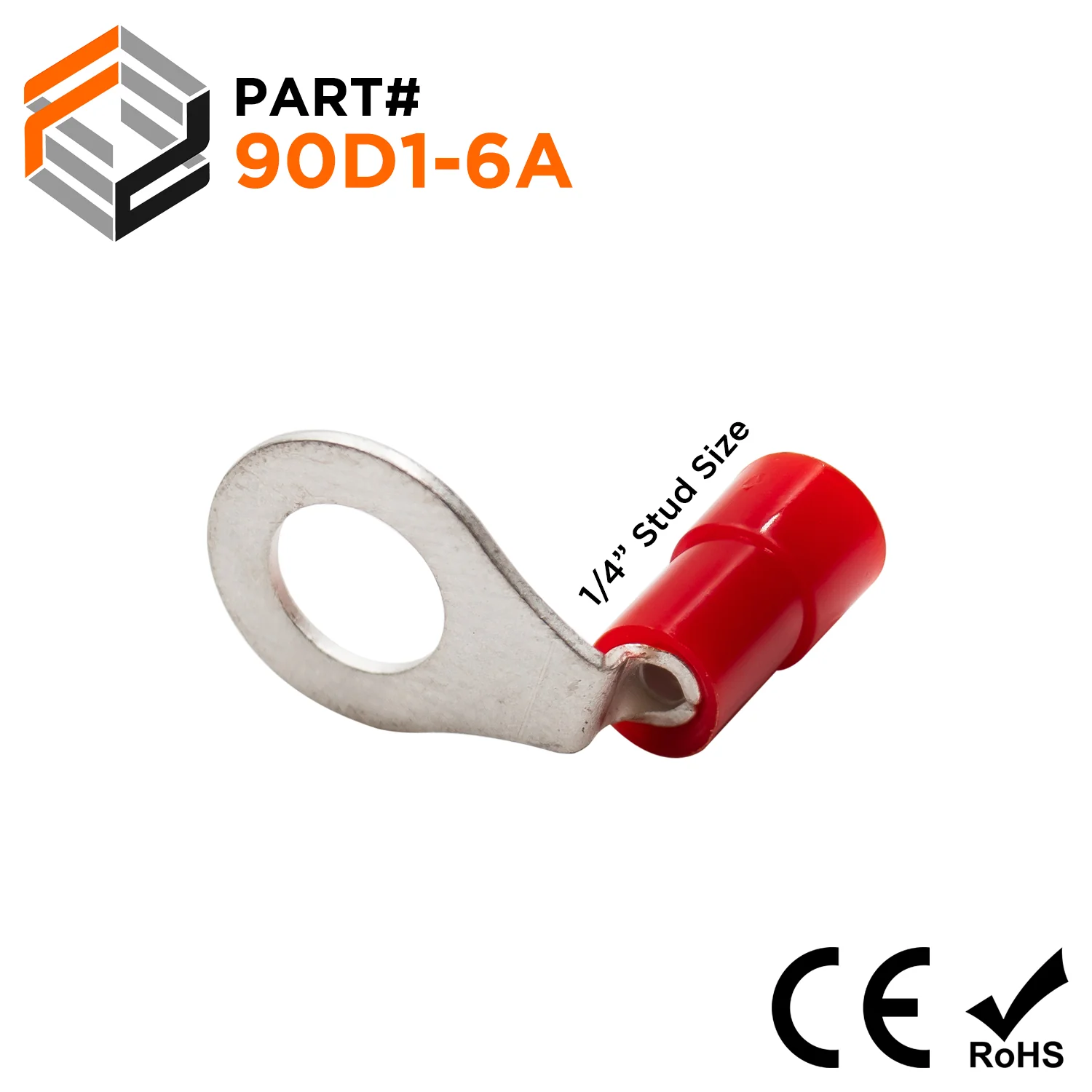 90D1-6A - 22 to 16 AWG Right Angle Nylon Insulated Ring Terminals, 1/4" Stud, 100 Pieces