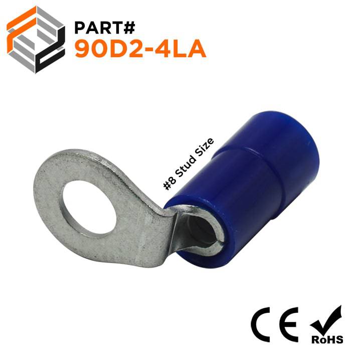 90D2-4LA - 16 to 14 AWG Right Angle Nylon Insulated Ring Terminals, #8 Stud, 100 Pieces