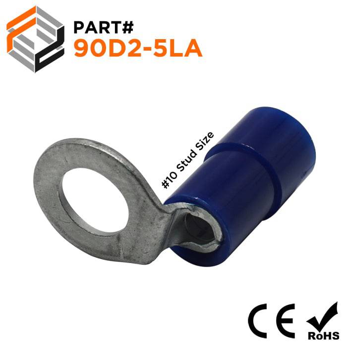 90D2-5LA - 16 to 14 AWG Right Angle Nylon Insulated Ring Terminals, #10 Stud, 100 Pieces