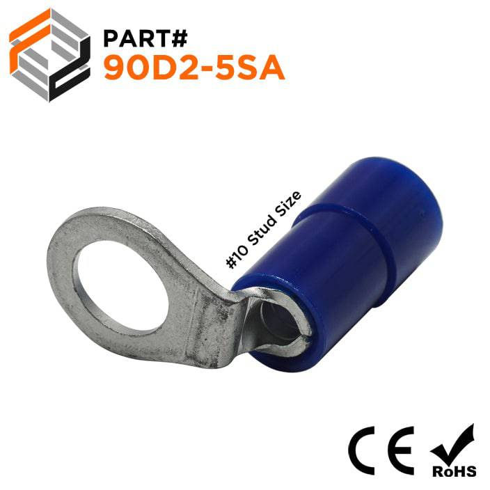 90D2-5SA - 16 to 14 AWG Right Angle Nylon Insulated Ring Terminals, #10 Stud, 100 Pieces