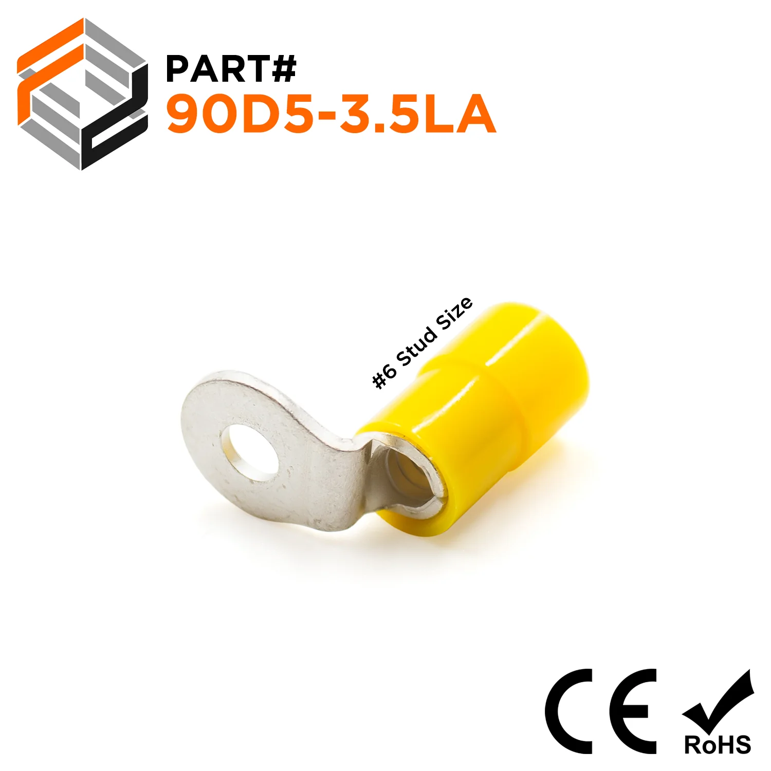 90D5-3.5A - 12 to 10 AWG Right Angle Nylon Ring Terminals, #6 Stud, 50 Pieces