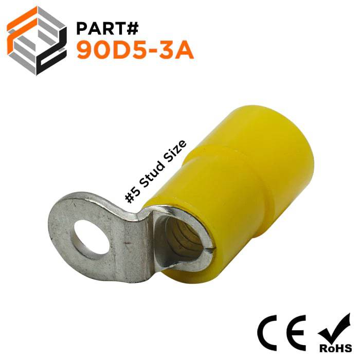 90D5-3A - 12 to 10 AWG Right Angle Nylon Insulated Ring Terminals, #4 Stud, 50 Pieces