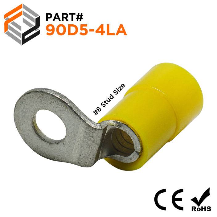 90D5-4LA - 12 to 10 AWG Right Angle Nylon Insulated Ring Terminals, #8 Stud, 50 Pieces
