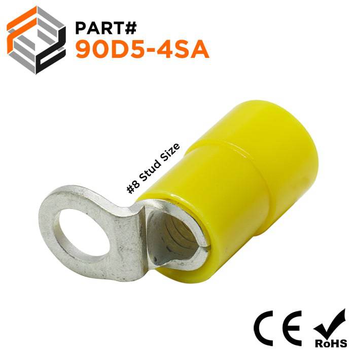 90D5-4SA - 12 to 10 AWG Right Angle Nylon Insulated Ring Terminals, #8 Stud, 50 Pieces
