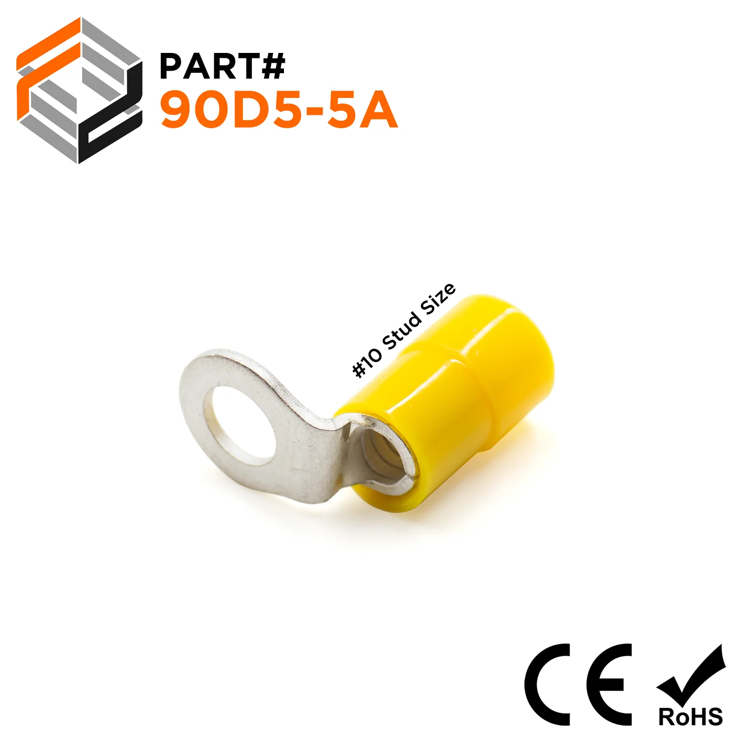 90D5-5A - 12 to 10 AWG Right Angle Nylon Ring Terminals, #10 Stud, 50 Pieces