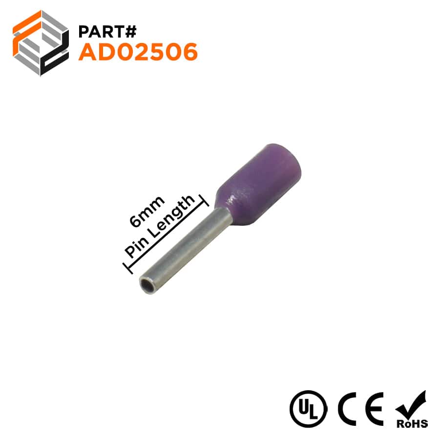 AD02506 - 24 AWG Insulated Wire Ferrules, 6mm Pin, Purple, UL Recognized, 500 Pieces