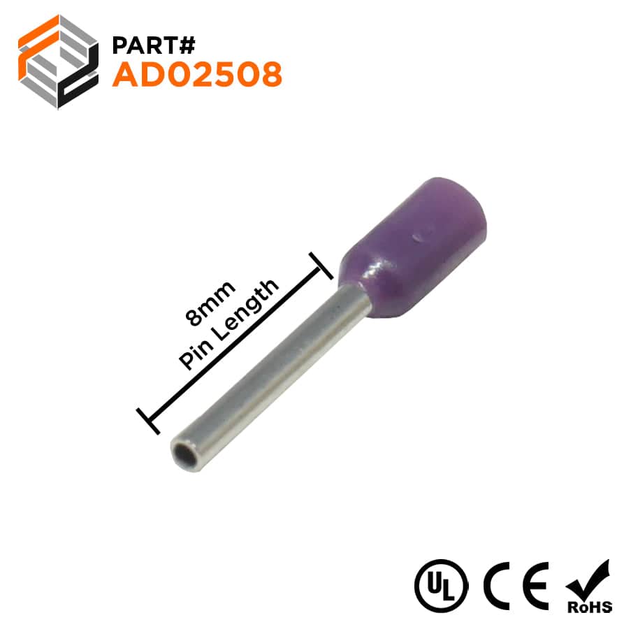 AD02508 - 24 AWG Insulated Wire Ferrules, 8mm Pin, Purple, UL Recognized, 500 Pieces
