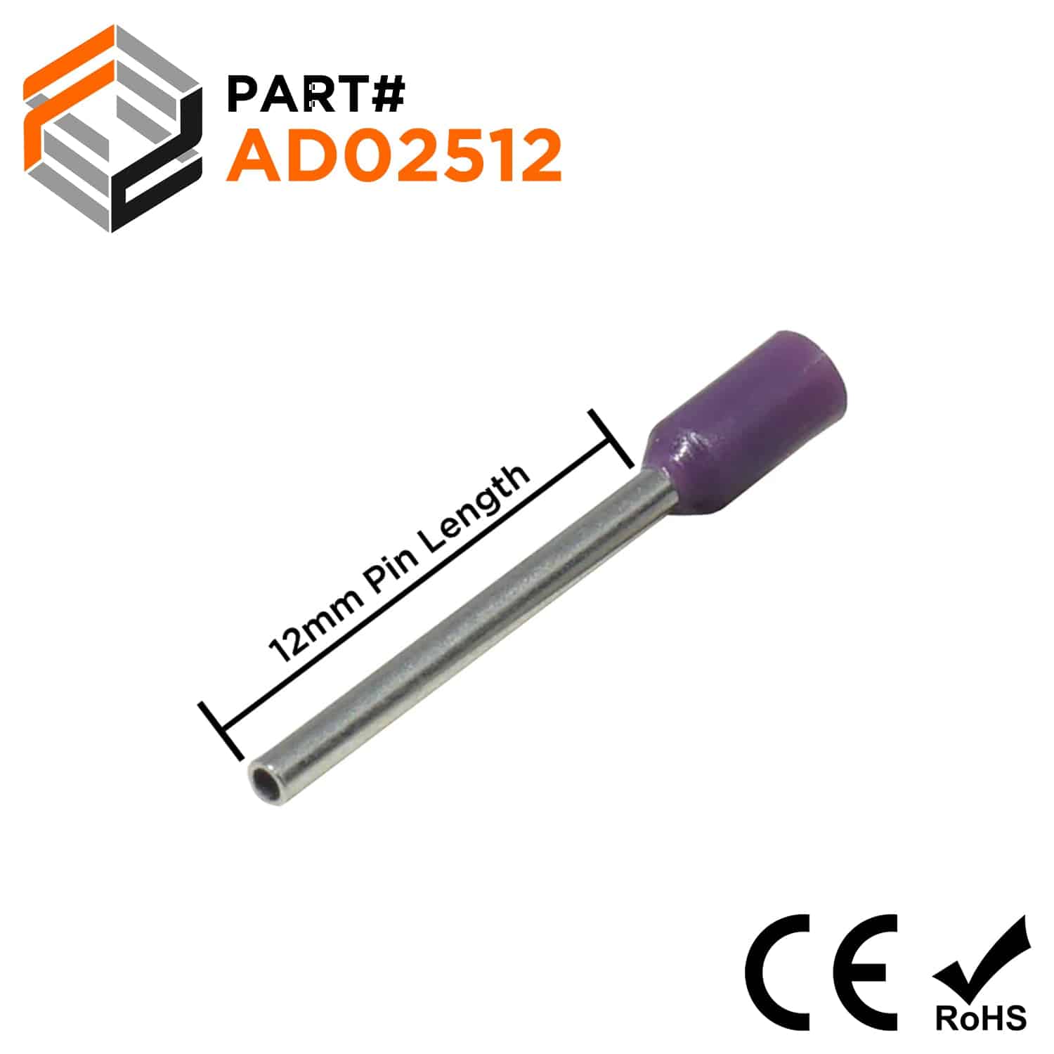 AD02512 - 24 AWG Insulated Wire Ferrules, 12mm Pin, Purple, 500 Pieces