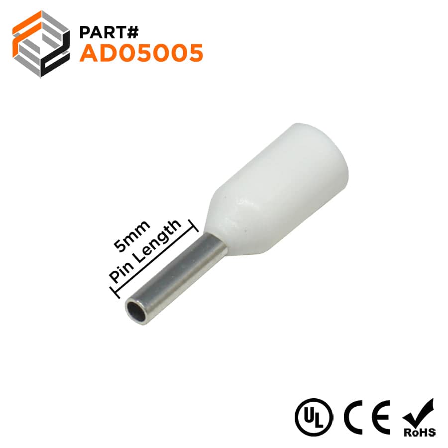 AD05005 - 22 & 20 AWG Insulated Wire Ferrules, 5mm Pin, White, UL Recognized, 500 Pieces