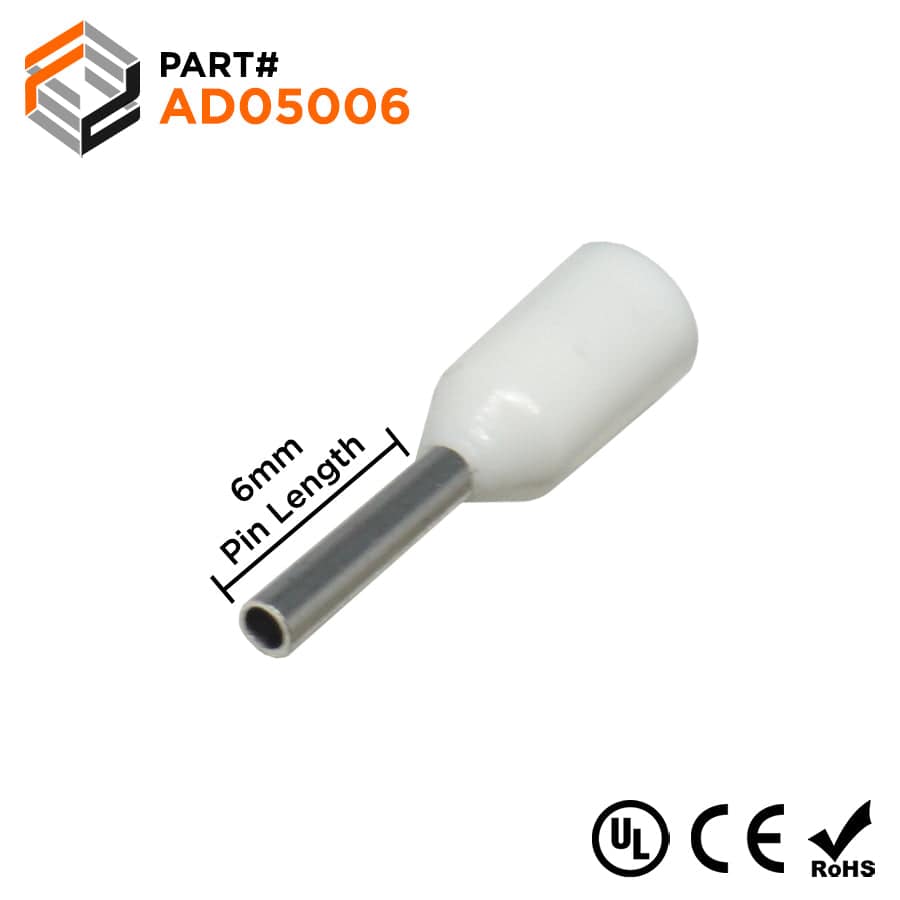 AD05006 - 22 & 20 AWG Insulated Wire Ferrules, 6mm Pin, White, UL Recognized, 500 Pieces