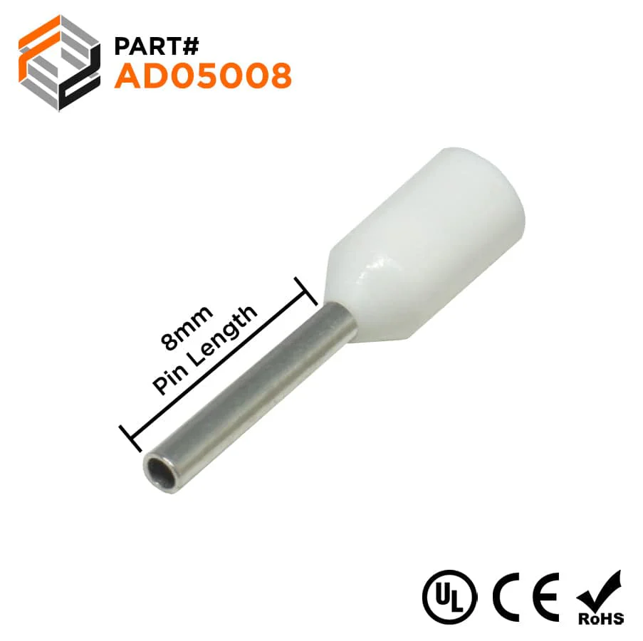 AD05008 - 22 & 20 AWG Insulated Wire Ferrules, 8mm Pin, White, UL Recognized, 500 Pieces