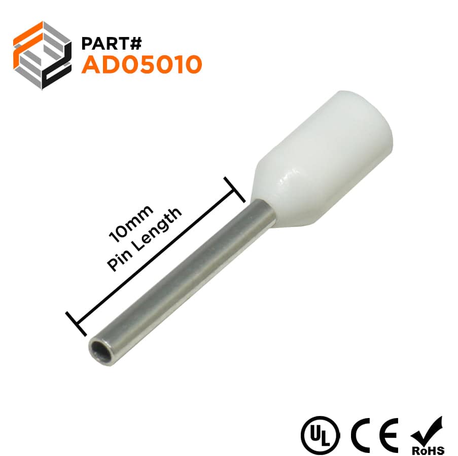 AD05010 - 22 & 20 AWG Insulated Wire Ferrules, 10mm Pin, White, UL Recognized, 500 Pieces