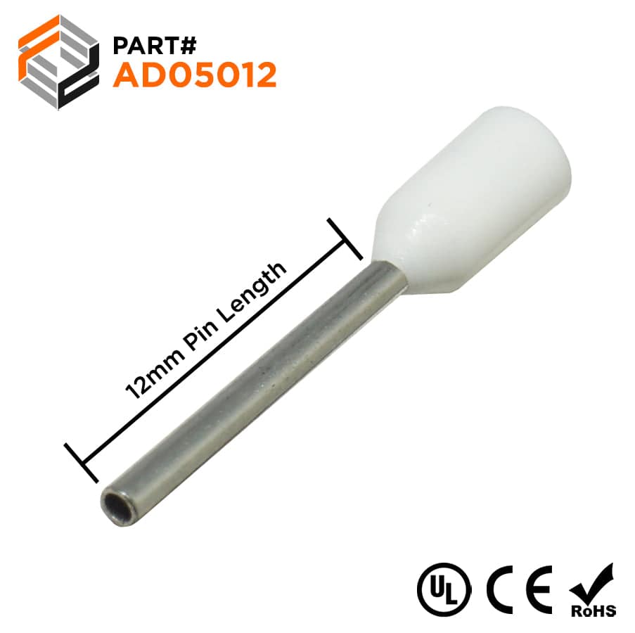 AD05012 - 22 & 20 AWG Insulated Wire Ferrules, 12mm Pin, White, UL Recognized, 500 Pieces