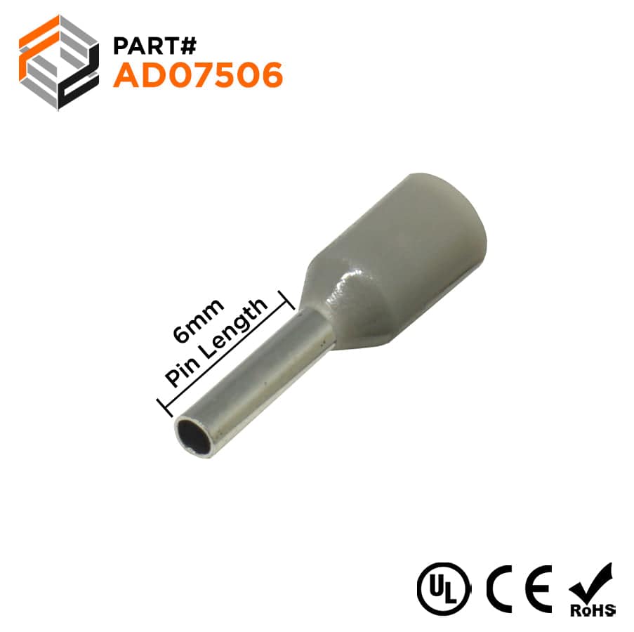 AD07506 - 20 & 18 AWG Insulated Wire Ferrules, 6mm Pin, Gray, UL Recognized, 500 Pieces