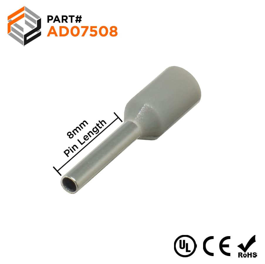 AD07508 - 20 & 18 AWG Insulated Wire Ferrules, 8mm Pin, Gray, UL Recognized, 500 Pieces