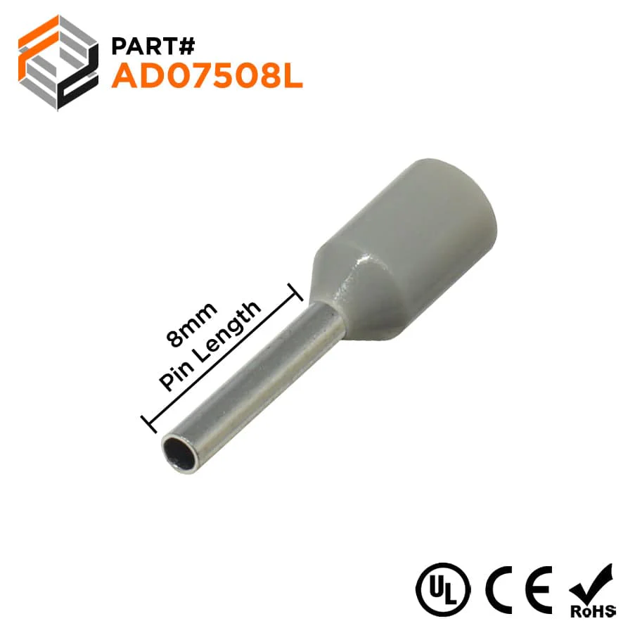 AD07508L - 20 & 18 AWG Insulated Wire Ferrules, 8mm Pin, Gray, Wide Collar, UL Recognized, 500 Pieces