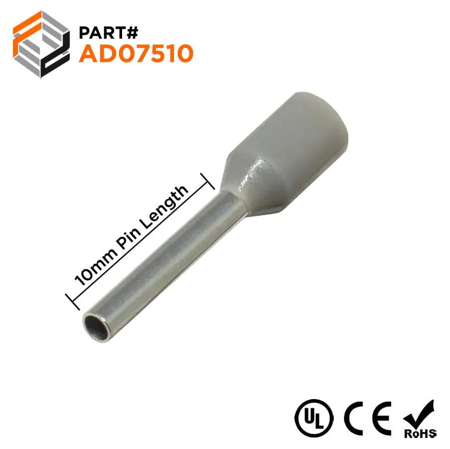 AD07510 - 20 & 18 AWG Insulated Wire Ferrules, 10mm Pin, Gray, UL Recognized, 500 Pieces