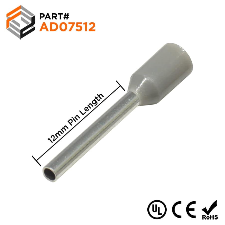 AD07512 - 20 & 18 AWG Insulated Wire Ferrules, 12mm Pin, Gray, UL Recognized, 500 Pieces