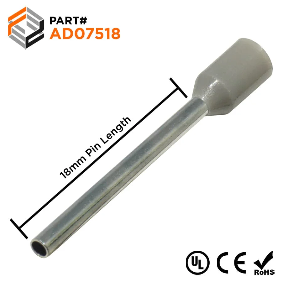 AD07518 - 20 & 18 AWG Insulated Wire Ferrules, 18mm Pin, Gray, UL Recognized, 500 Pieces