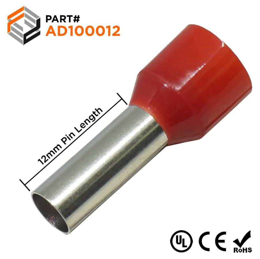 AD100012 - 8 AWG Insulated Wire Ferrules, 12mm Pin, Red, UL Recognized, 100 Pieces
