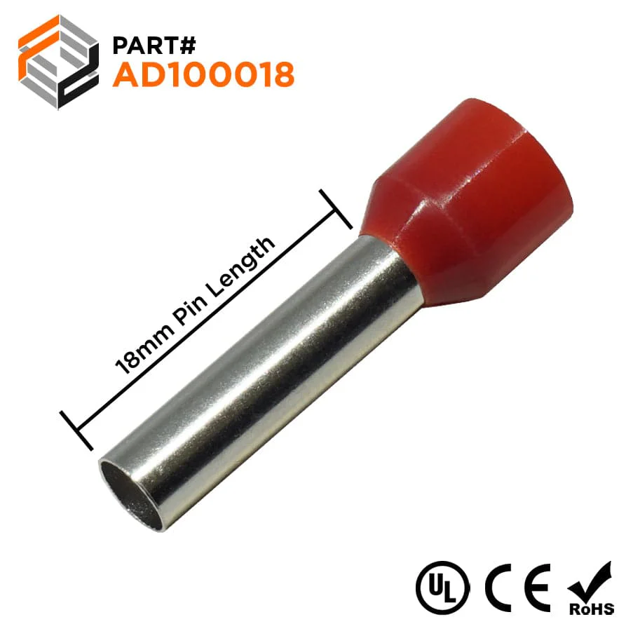 AD100018 - 8 AWG Insulated Wire Ferrules, 18mm Pin, Red, UL Recognized, 100 Pieces