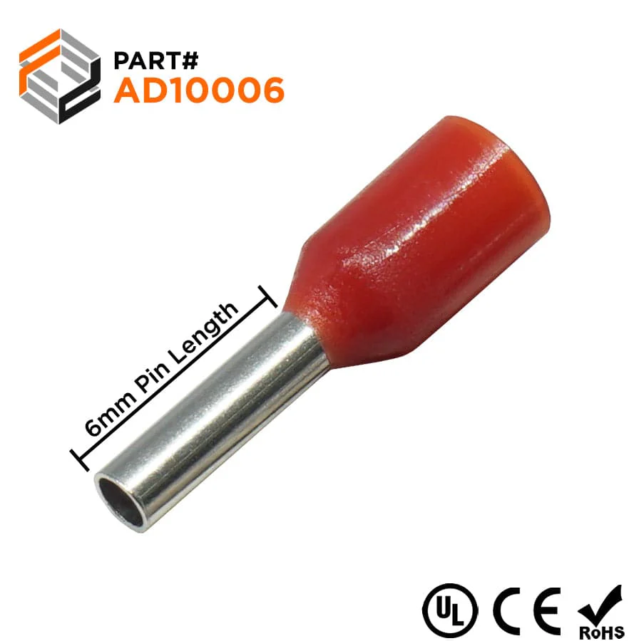 AD10006 - 18 & 17 AWG Insulated Wire Ferrules, 6mm Pin, Red, UL Recognized, 500 Pieces