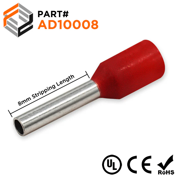 AD10008 - 18 & 17 AWG Insulated Wire Ferrules, 8mm Pin, Red, UL Recognized, 500 Pieces
