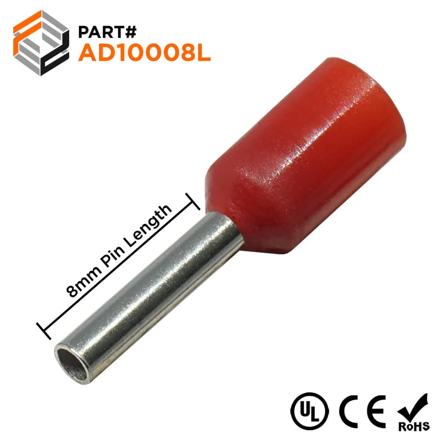 AD10008L - 18 & 17 AWG Insulated Wire Ferrules, 8mm Pin, Red, Wide Collar, UL Recognized, 500 Pieces