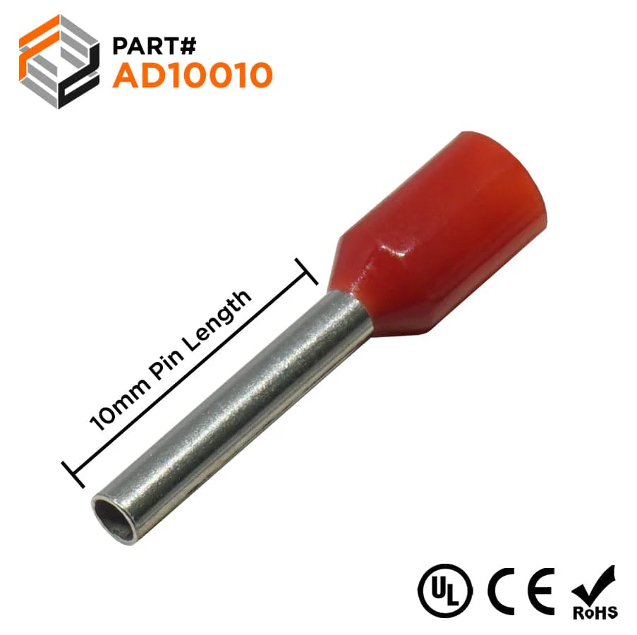 AD10010 - 18 & 17 AWG Insulated Wire Ferrules, 10mm Pin, Red, UL Recognized, 500 Pieces