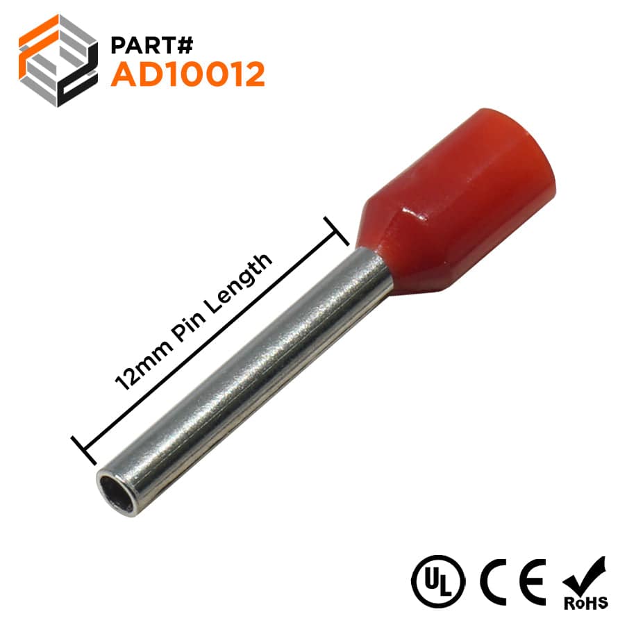 AD10012 - 18 & 17 AWG Insulated Wire Ferrules, 12mm Pin, Red, UL Recognized, 500 Pieces