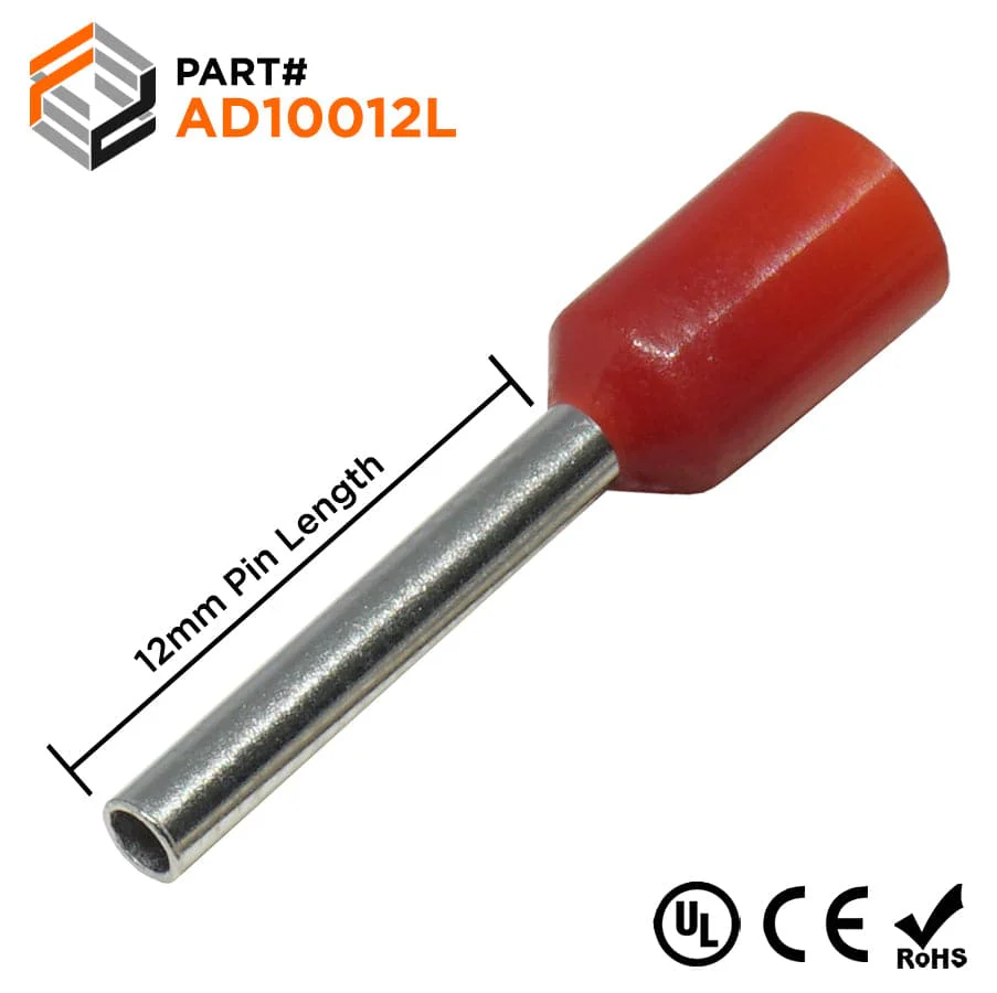AD10012L - 18 & 17 AWG Insulated Wire Ferrules, 12mm Pin, Red, Wide Collar, UL Recognized, 500 Pieces