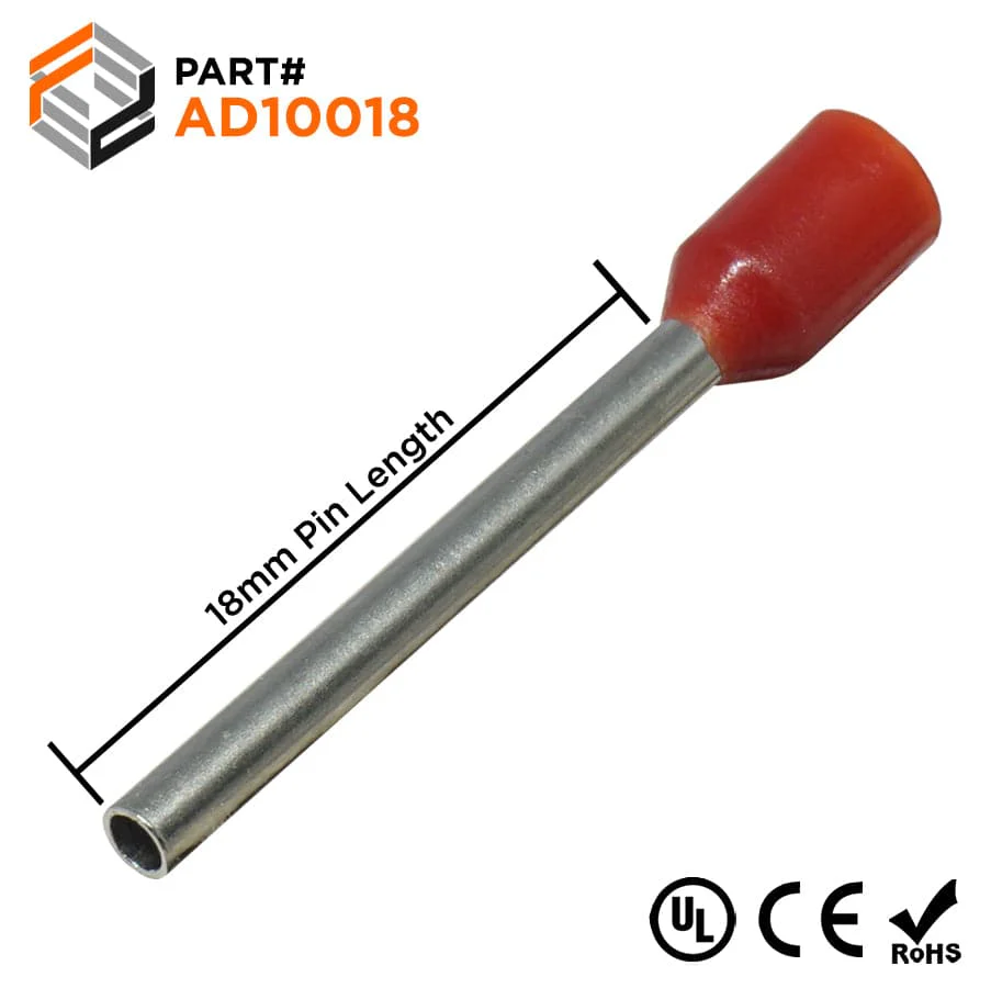 AD10018 - 18 & 17 AWG Insulated Wire Ferrules, 18mm Pin, Red, UL Recognized, 500 Pieces