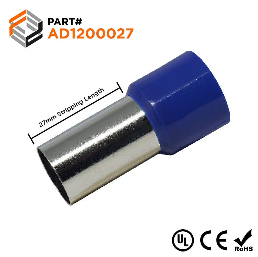 AD1200027 - 4/0 AWG Insulated Wire Ferrules, 27mm Pin, Blue, UL Recognized, 25 Pieces