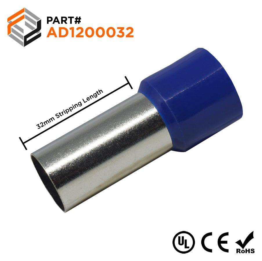 AD1200032 - 4/0 AWG Insulated Wire Ferrules, 32mm Pin, Blue, UL Recognized, 25 Pieces