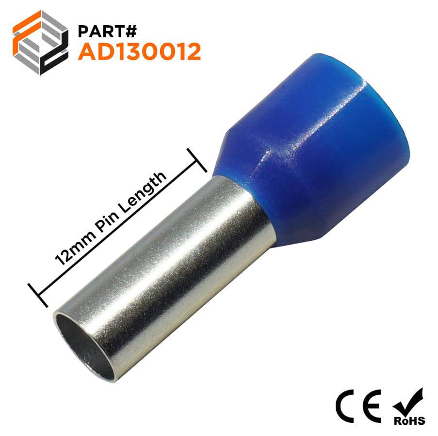 AD130012 - 6 AWG (Small Diameter) Insulated Wire Ferrules, 12mm Pin, Blue, 100 Pieces