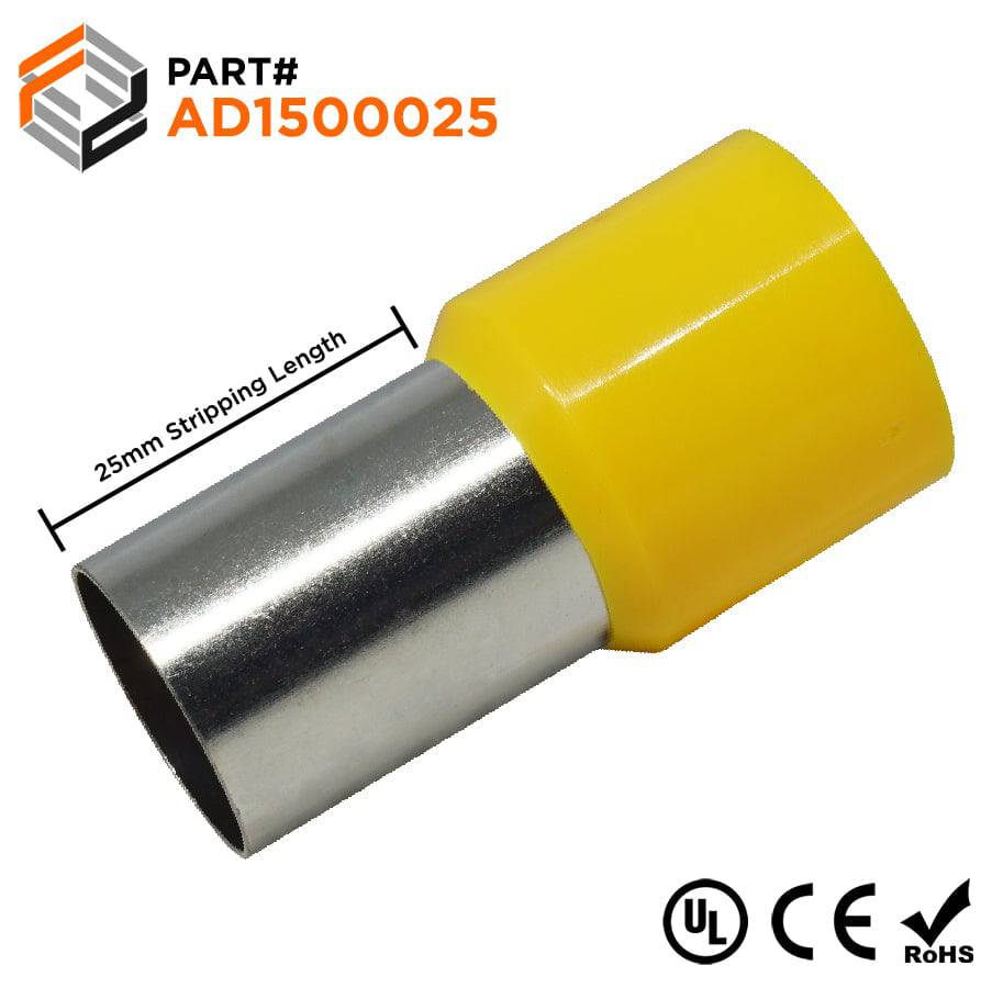 AD1500025 - 250 MCM & 300 MCM Insulated Wire Ferrules, 25mm Pin, Yellow, UL Recognized, 25 Pieces